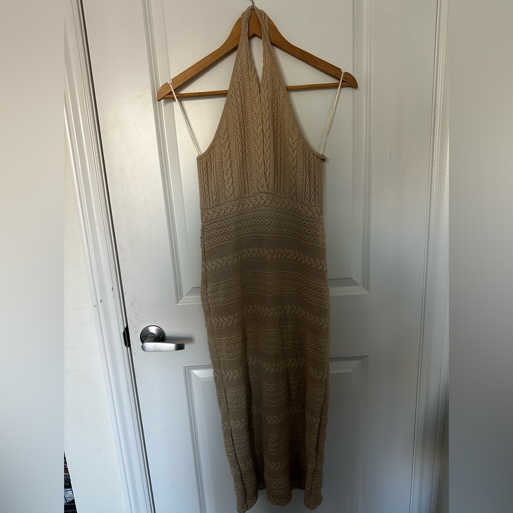 Elegant Tan Backless/ Halter Knit Dress
